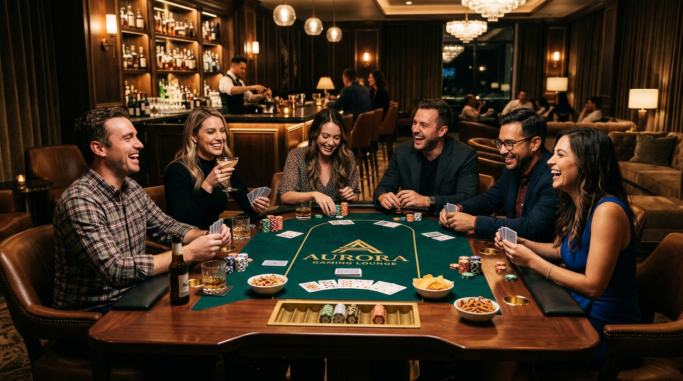 Friends enjoying poker night at Club Re Straddle lounge